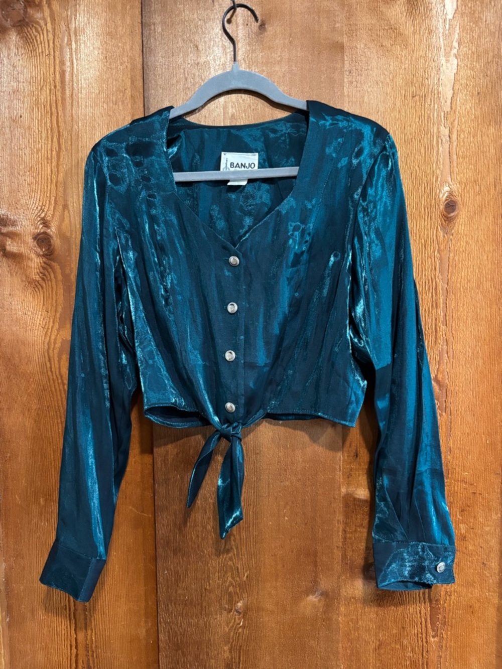 Vintage 90s Banjo Dallas TX Teal Iridescent Shimmer Tie Front Cropped Blouse M